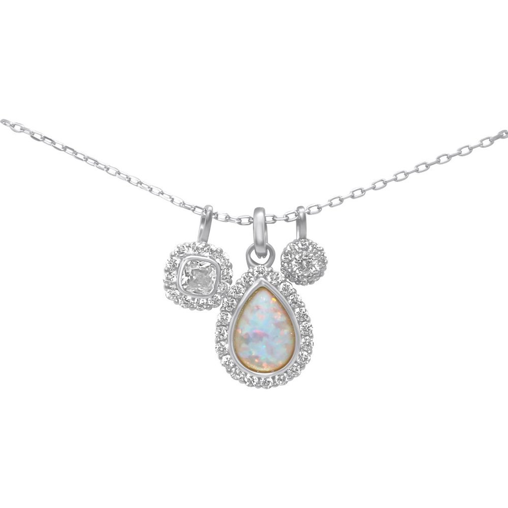 Teardrop Opal & CZ Halo 3 Charm Sterling Silver Necklace
